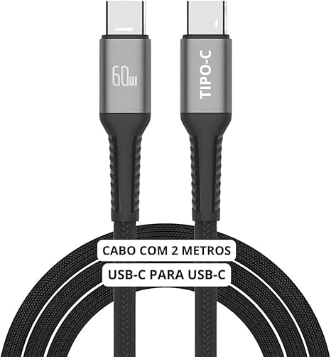 cabo usb c 2 metros tipo c turbo 60w ultra rapido nylon trancado e reforcado android e iphone notebook tablet qualidade premium carregamento transferencia de dados