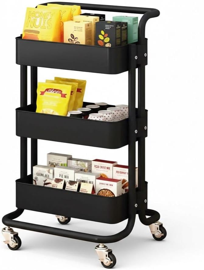 carrinho organizador multiuso com 3 prateleiras e rodizios 360 estrutura metalica reforcada design compacto para cozinha lavanderia banheiro e escritorio